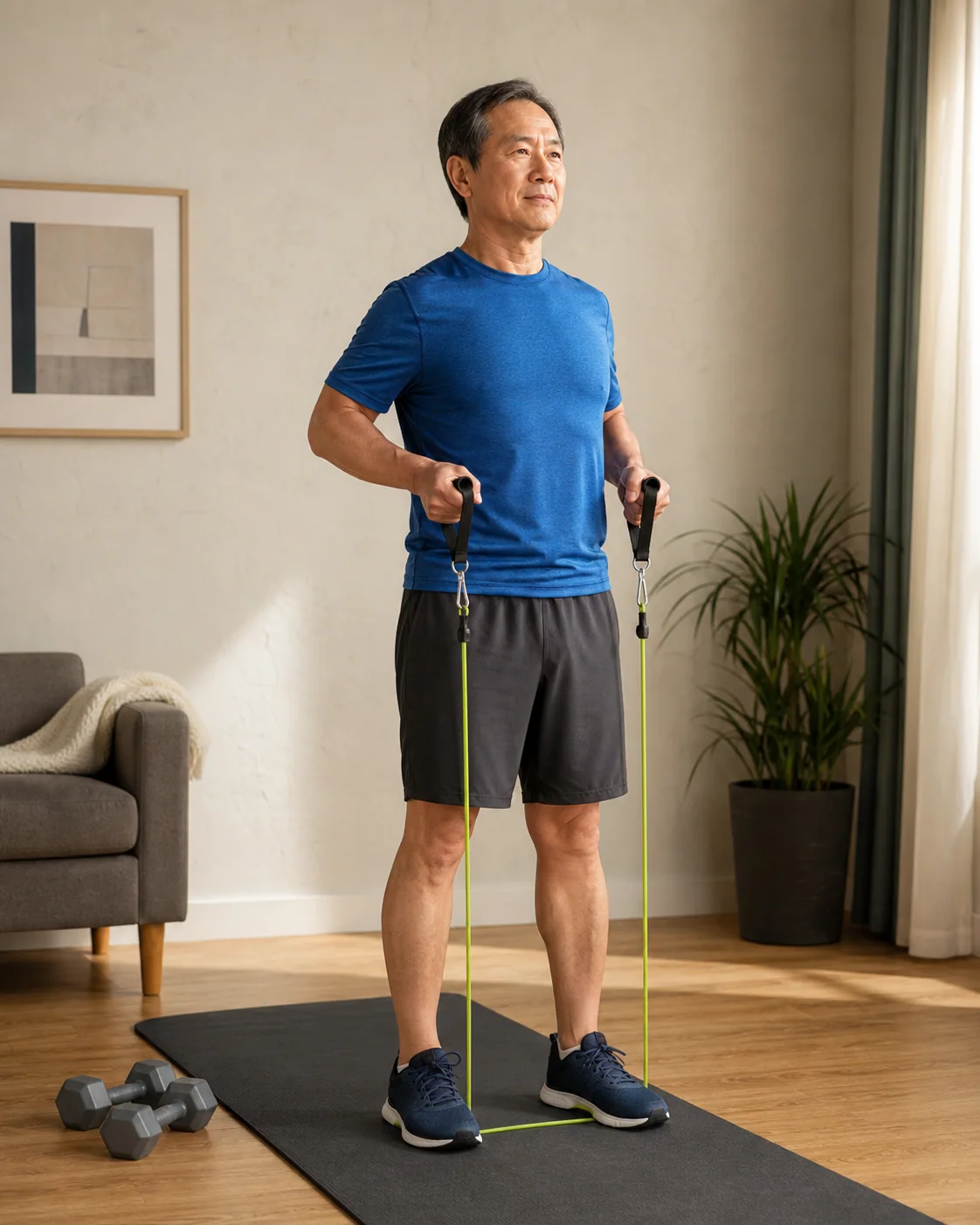 Beginner using resistance bands and dumbbells at home