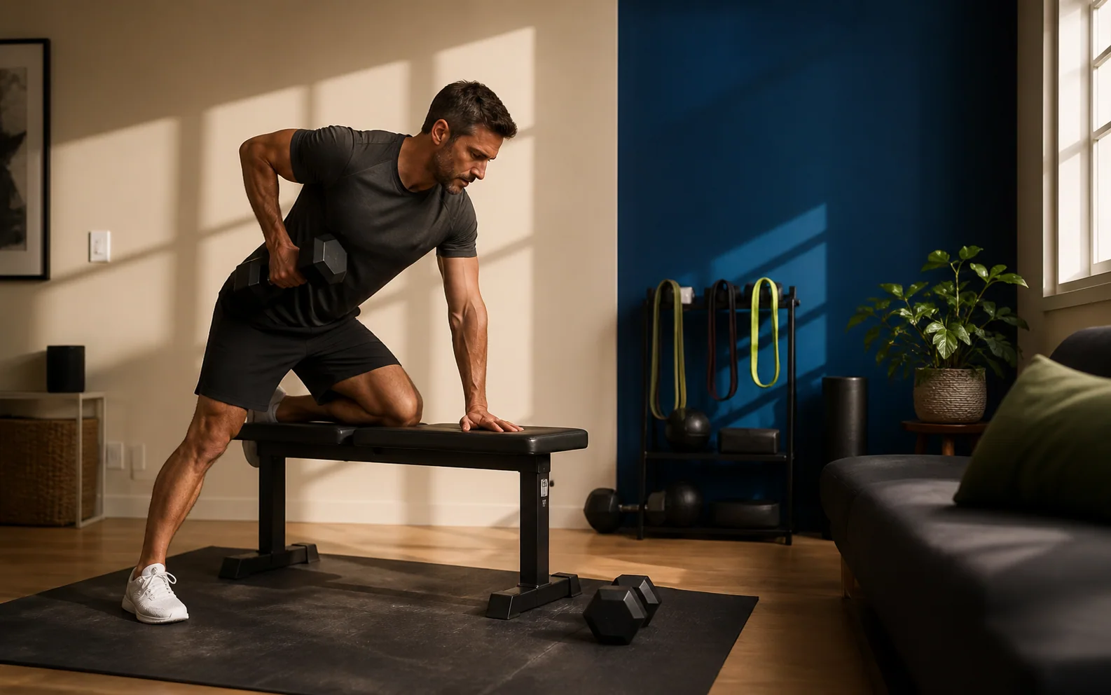 Man performing a one-arm dumbbell row in a home strength setup
