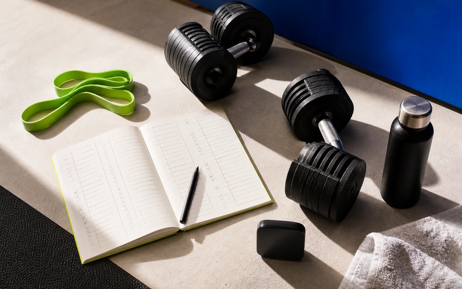 Dumbbells, resistance band, and a training notebook arranged in a home workout space