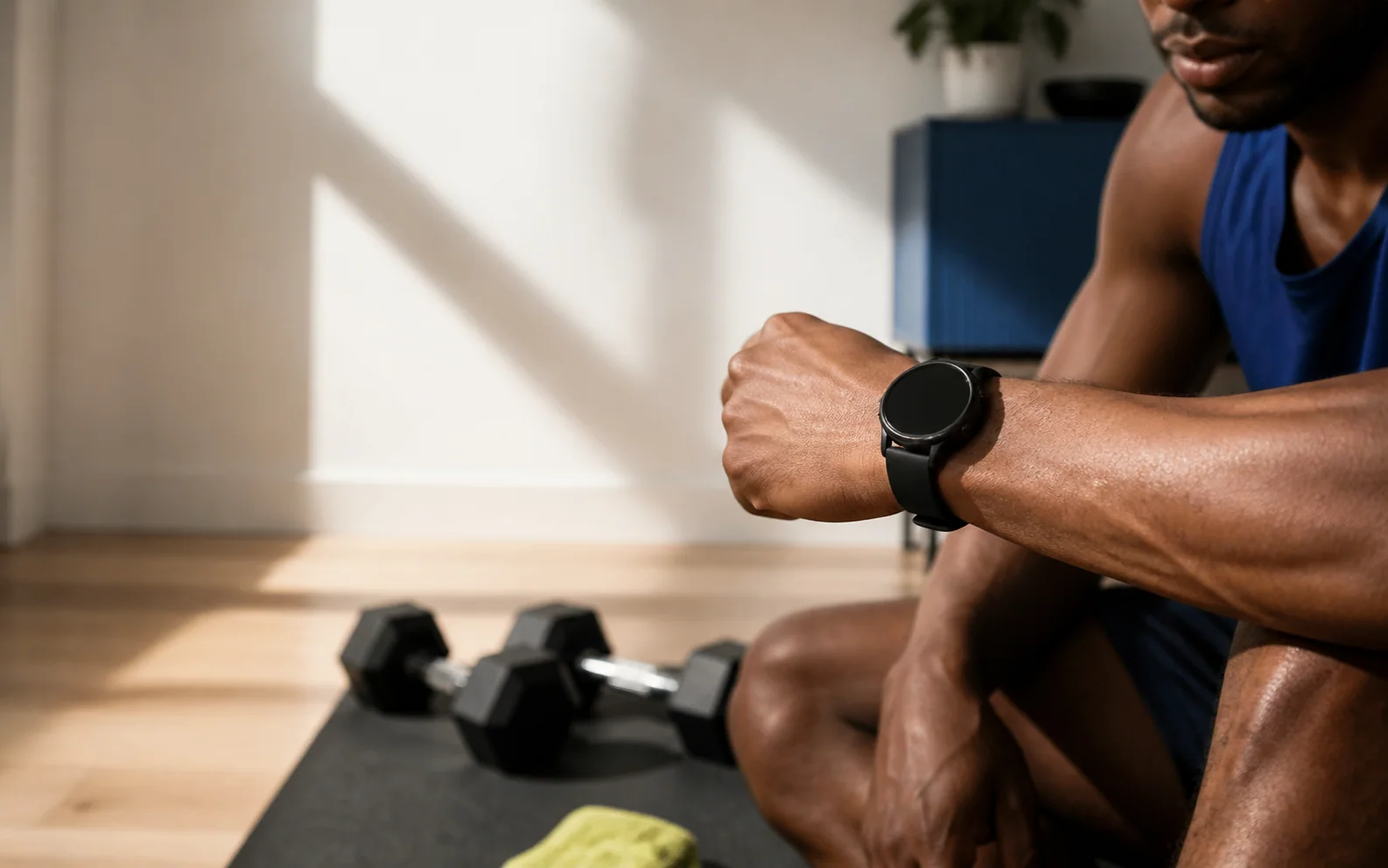 Athlete checking a fitness watch between home dumbbell sets